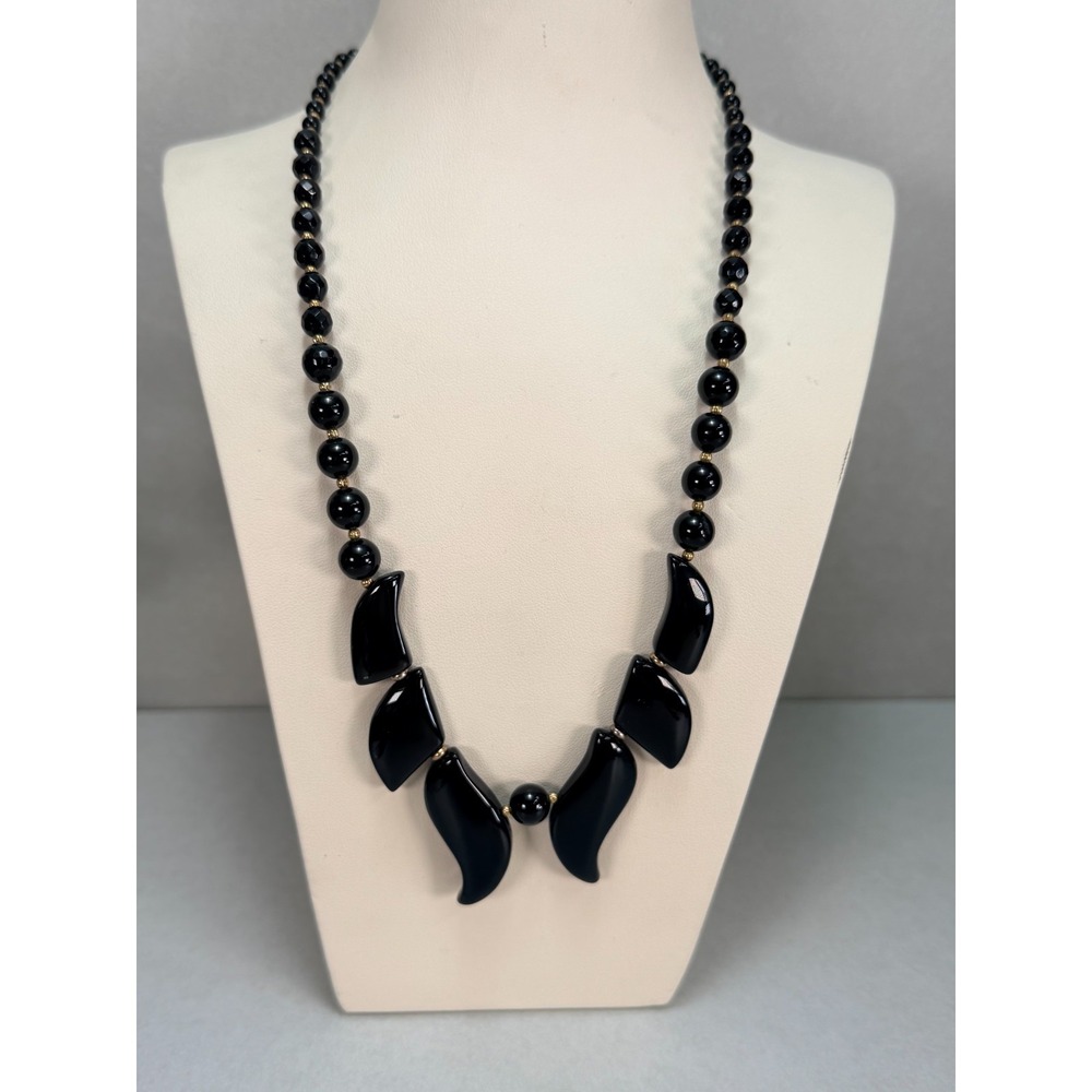 Vintage Black Onyx Smooth Collar Necklace Statement Beaded Gold Tone 20in